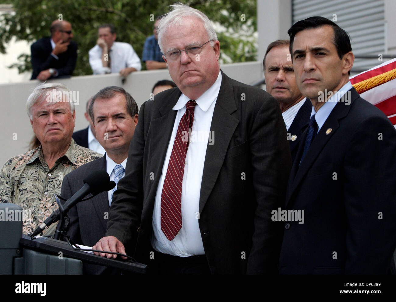 Oct 04, 2006; San Diego, CA, USA;  U.S. Congressman from left to right ELTON GALLEGLY, R-Calif., ED ROYCE R-Calif., JAMES SENSENBRENNER, R-Wis., BRIAN BILBRAY, R-Calif and DARRELL ISSA R-Calif. take questions at a news conference near the U. S.- Mexico border in San Diego after President George W. Bush signed a bill in Arizona to put 700 miles of fence costing 1.2 billon dollars al Stock Photo