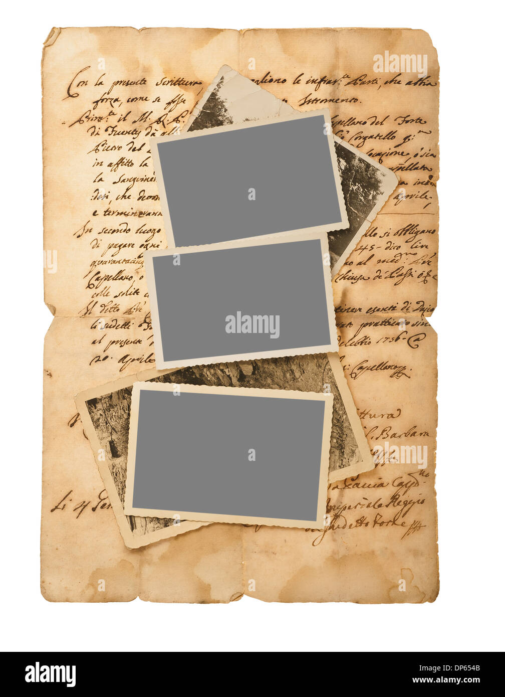 old letter with old pictures isolated on white Stock Photo