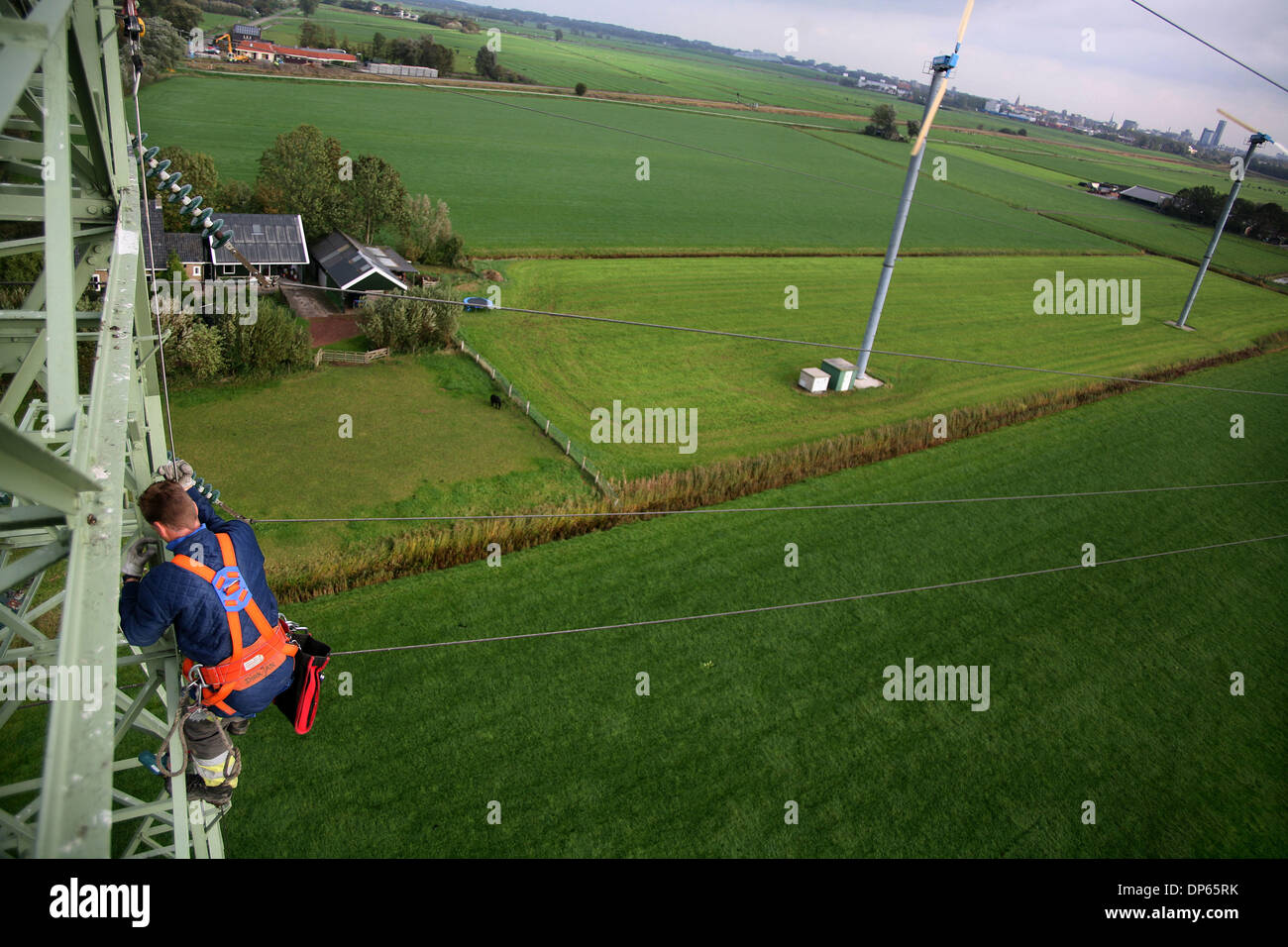 Dutch Electrical power-line repairers at work Stock Photo