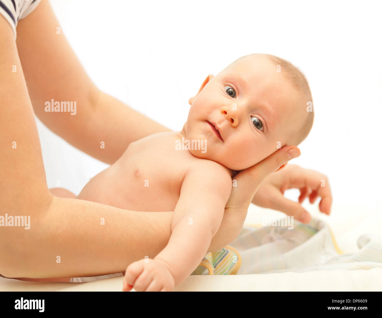portrait of caucasian child hold by his mother Stock Photo