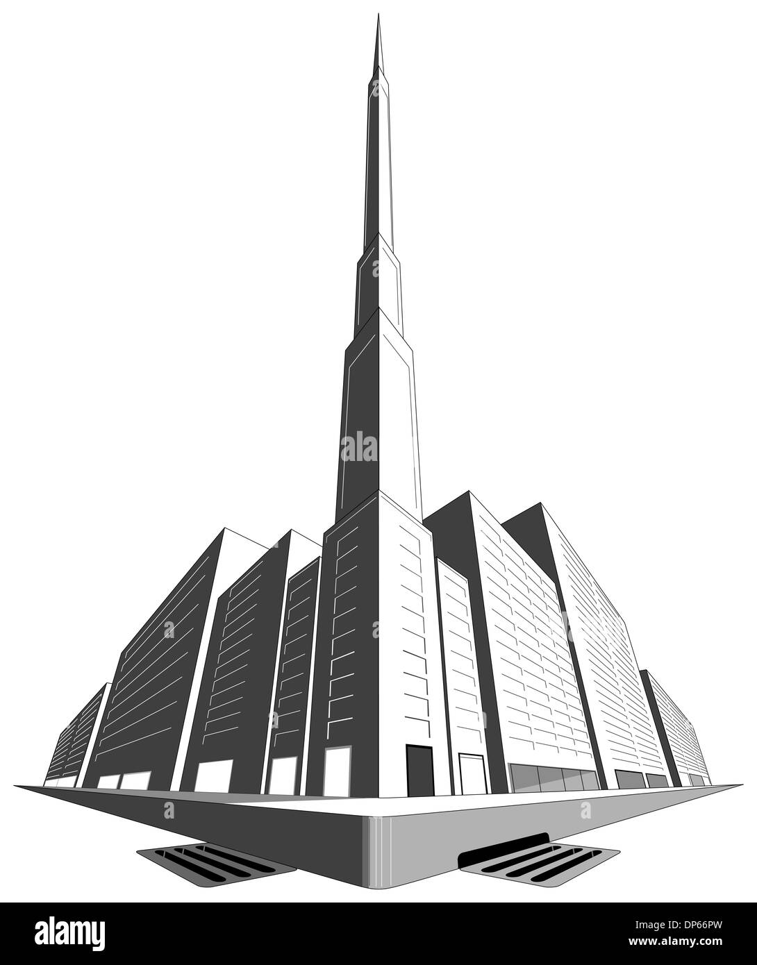 Three point perspective city block with tall spire and sidewalk and