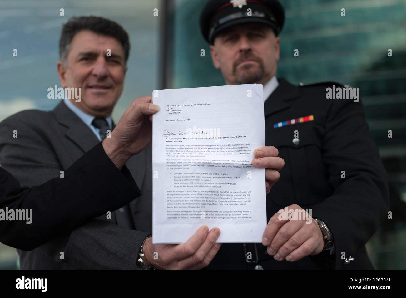 City Hall, London, UK. 8th January, 2014. Fire Officers hand in letter of Complaint to Boris Johnson at City Hall inresponse to the imminent closure of 10 fire stations in the capital. Credit:  Lee Thomas/Alamy Live News Stock Photo