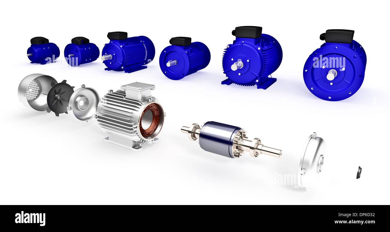 Set of different industrial electric motors . Disassembled electric