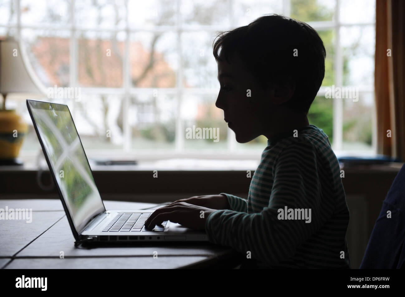 boy doing his homework using laptop in his home Stock Photo - Alamy