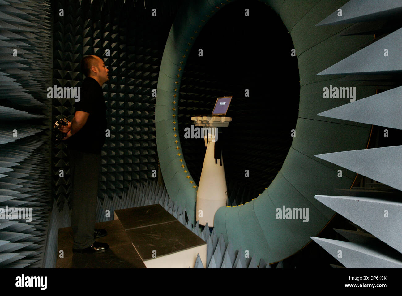 Oct 18, 2006; Carlsbad, CA, USA; Senior RF engineering technician ROMAN OLMOS waits as a laptop boots up inside an anechoic chamber at Sierra Wireless on Wednesday in Carlsbad, California. Olmos is testing  the company's wireless card inside the laptop. The room is used to measure over the air performance of wireless products in a controlled environment. Mandatory Credit: Photo by  Stock Photo