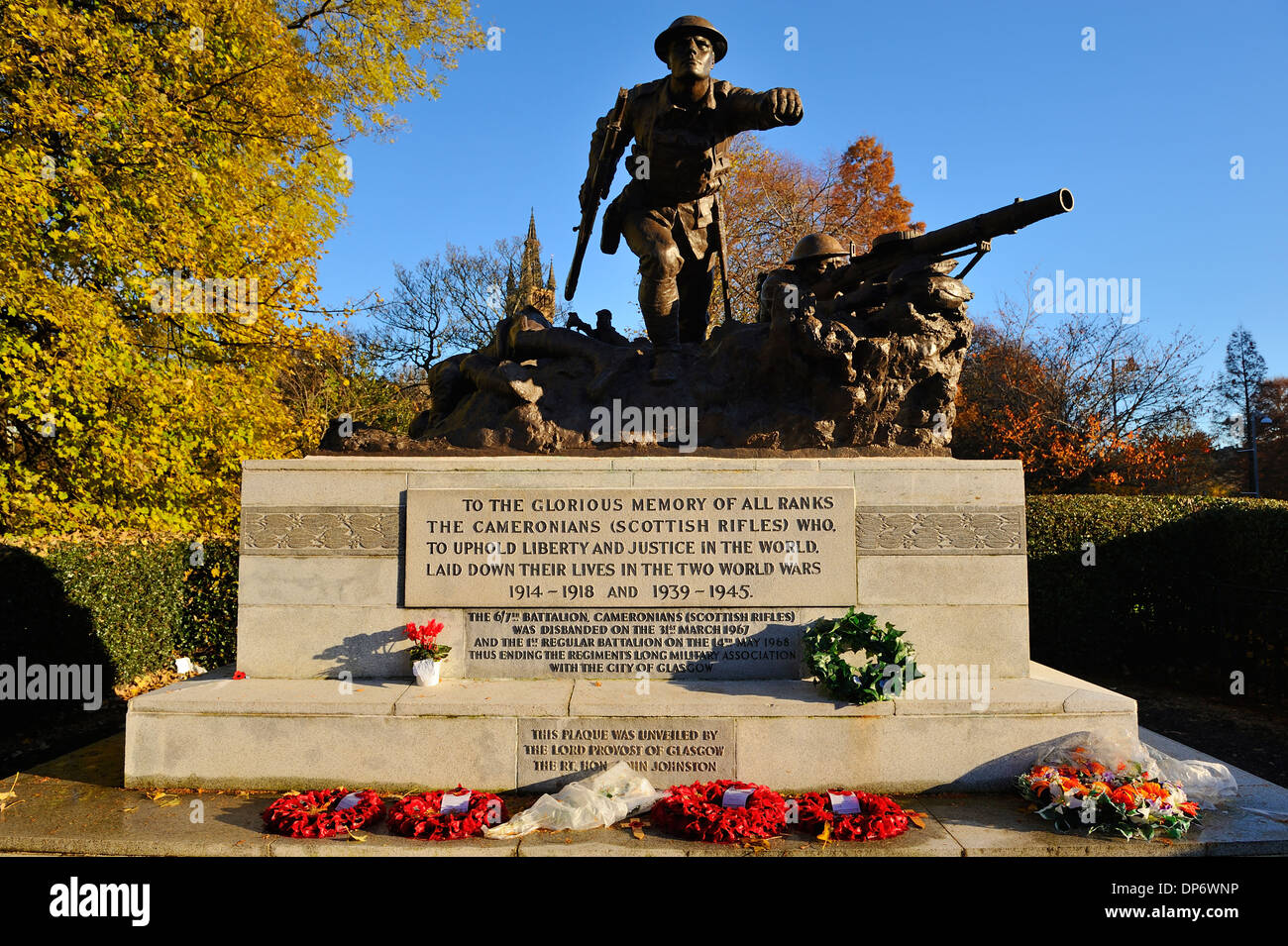 Cameronians (Scottish Rifles) war memorial in Kelvingrove Park, Glasgow, Scotland Stock Photo