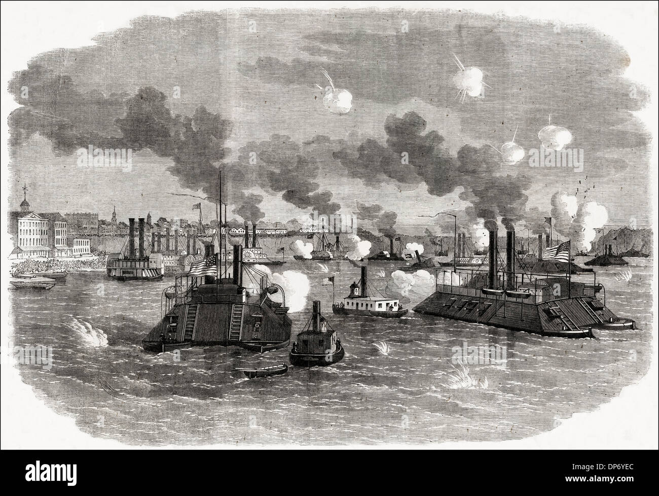 American Civil War 1861 - 1865 Destruction of the Confederate flotilla on the Mississippi River off Memphis Tennessee US. Victorian woodcut engraving circa 1862 Stock Photo