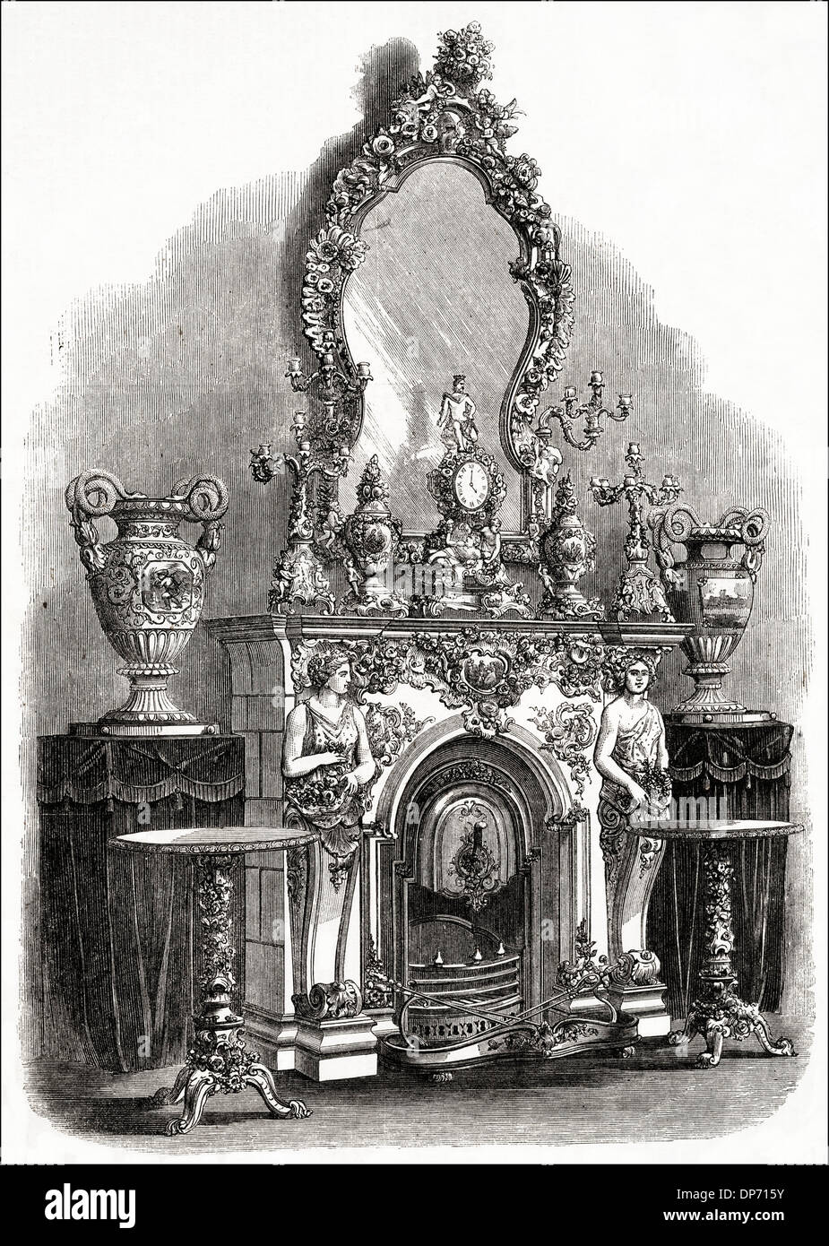 Chimneypiece by The Royal Saxon China Manufactory on show at The Great International Exhibition Exhibition Road Kensington London England UK. Victorian woodcut engraving circa 1862 Stock Photo