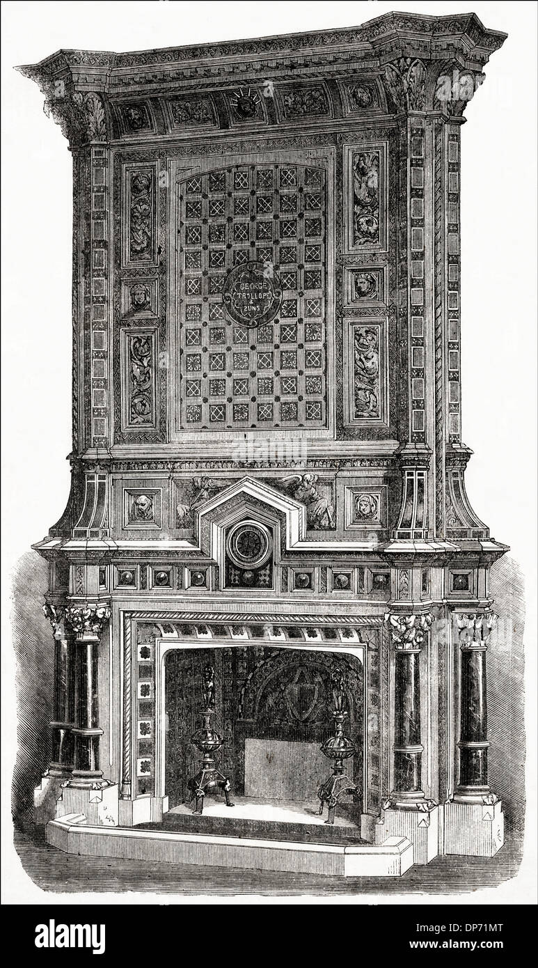 Library chimneypiece by Trollope and Sons on show at The Great International Exhibition Exhibition Road Kensington London England UK. Victorian woodcut engraving circa 1862 Stock Photo