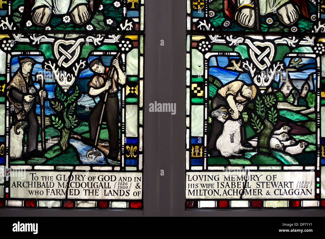 Stained glass window depicting farming (in memory of Archibald MacDougall and Isabell Stewart) Kenmore Kirk Kenmore Trossachs Stock Photo