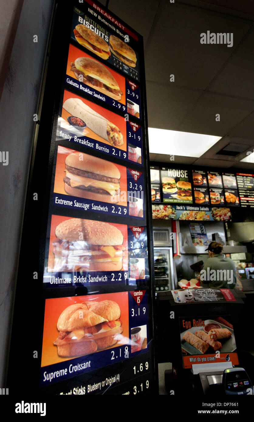 Nov 01, 2006; San Diego, CA, USA; The breakfast menu at the ordering counter in the Jack In The Box restaurant on Hazard Center Drive is off to the side and prominent for all customers to view when ordering.  Mandatory Credit: Photo by Howard Lipin/SDU-T/ZUMA Press. (©) Copyright 2006 by SDU-T Stock Photo