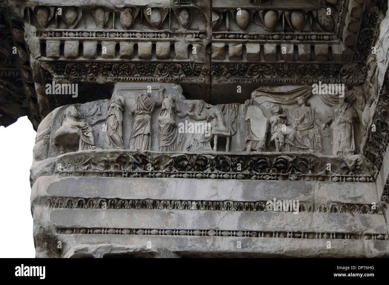 Italy. Rome. Forum of Nerva or Transitorium. The Colonnacce.  Entablature with frieze showing scenes of Myth of Arachne. Stock Photo