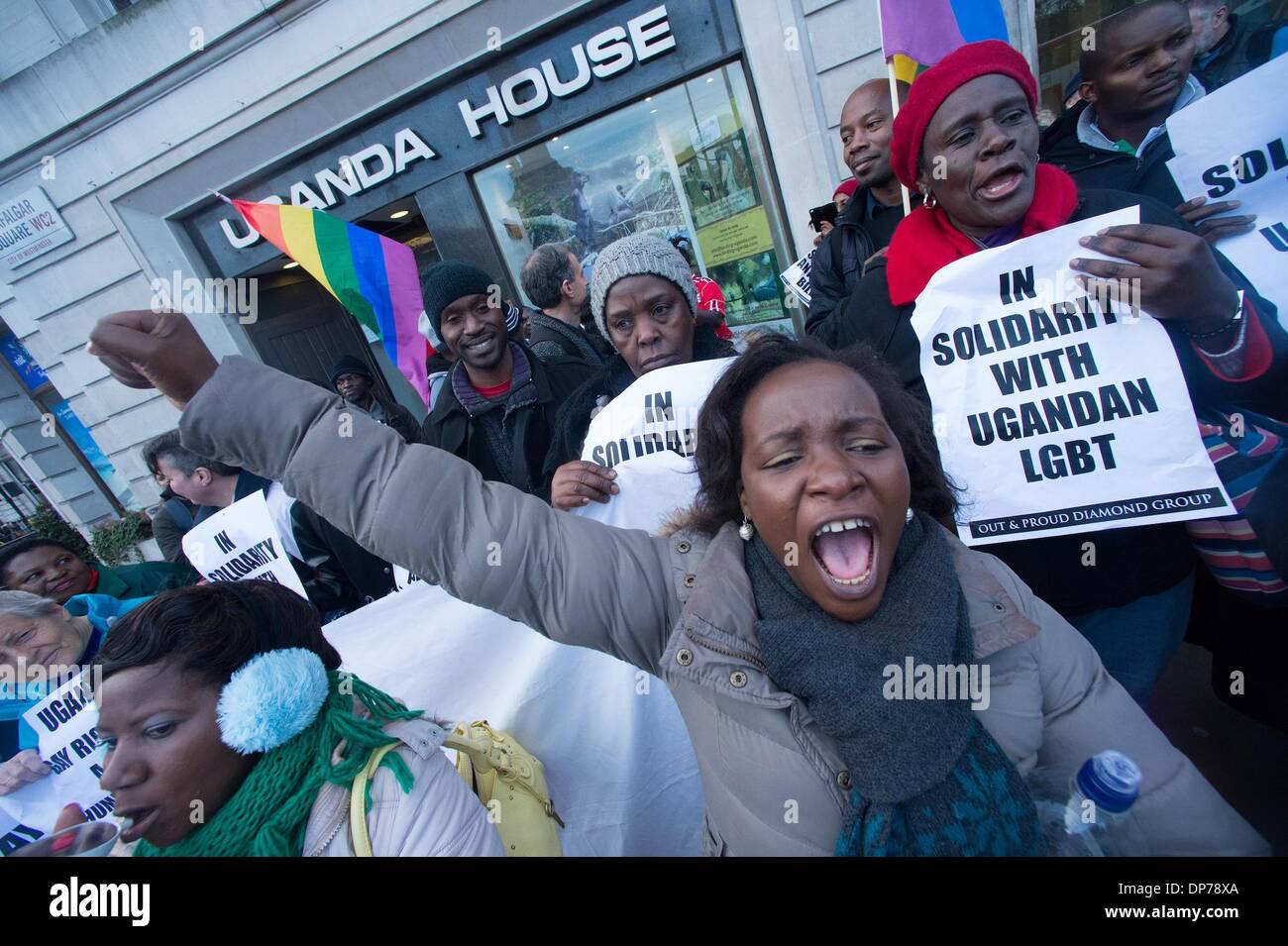 London, UK, UK. 8th Jan, 2014. UK Ugandans and LGBT supporters were outside The Uganda High Commission of London protesting an anti-homosexual bill. The group is a calling for the president of Uganda Yoweri Museveni not to sanction the bill which is punishable by life in prison. © Gail Orenstein/ZUMAPRESS.com/Alamy Live News Stock Photo