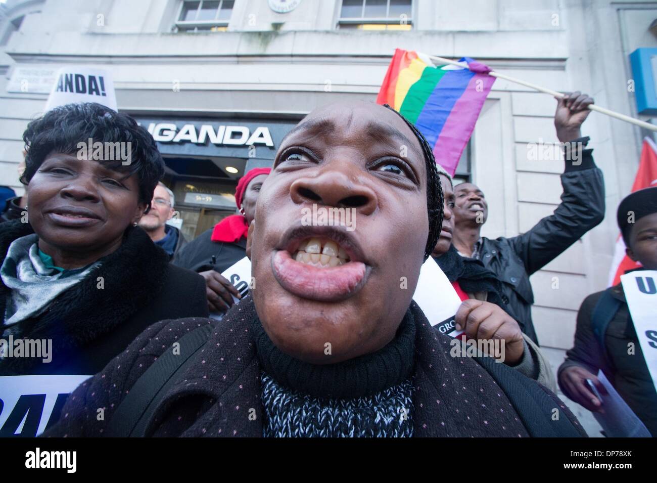 London, UK, UK. 8th Jan, 2014. UK Ugandans and LGBT supporters were outside The Uganda High Commission of London protesting an anti-homosexual bill. The group is a calling for the president of Uganda Yoweri Museveni not to sanction the bill which is punishable by life in prison. © Gail Orenstein/ZUMAPRESS.com/Alamy Live News Stock Photo