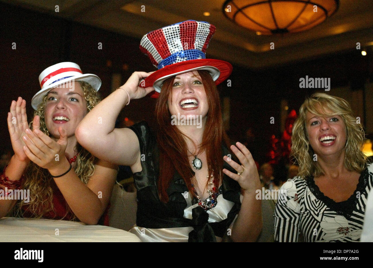 Nov 07, 2006; West Palm Beach, FL, USA; Members of the College Republicans from Palm Beach Atlantic University including from left Sandy Quirk, 18, Tylea Gilmer, 18, and Evan Shaw, 18, cheer Tuesday night around 10:15pm when they hear the numbers for Charlie Crist at a gathering of Palm Beach County Republicans at the Kravis Center.  Members of the club volunteered on the Clay Shaw Stock Photo