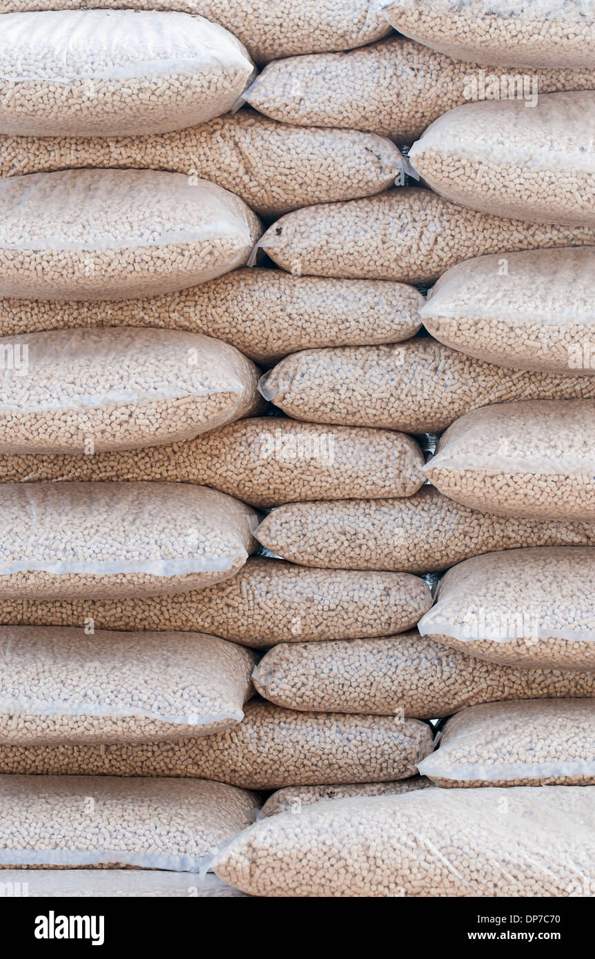 Pine pellets stack of sacks stock photo Stock Photo Alamy