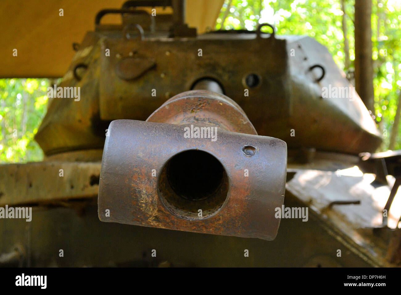 American Tank facing viewer in jungle destroyed by Viet Congs in Cu Chi Stock Photo