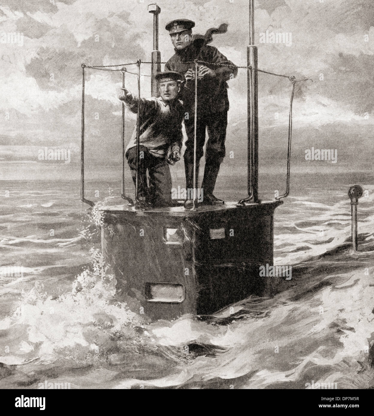 A British naval captain and one of his crew on the conning tower of a submarine during WWI. Stock Photo