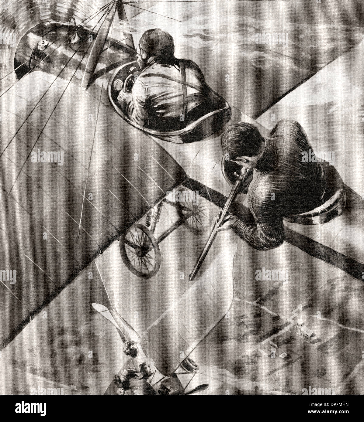 A British monoplane versus an Etrich-Rumpler Taube German monoplane during WWI. Stock Photo