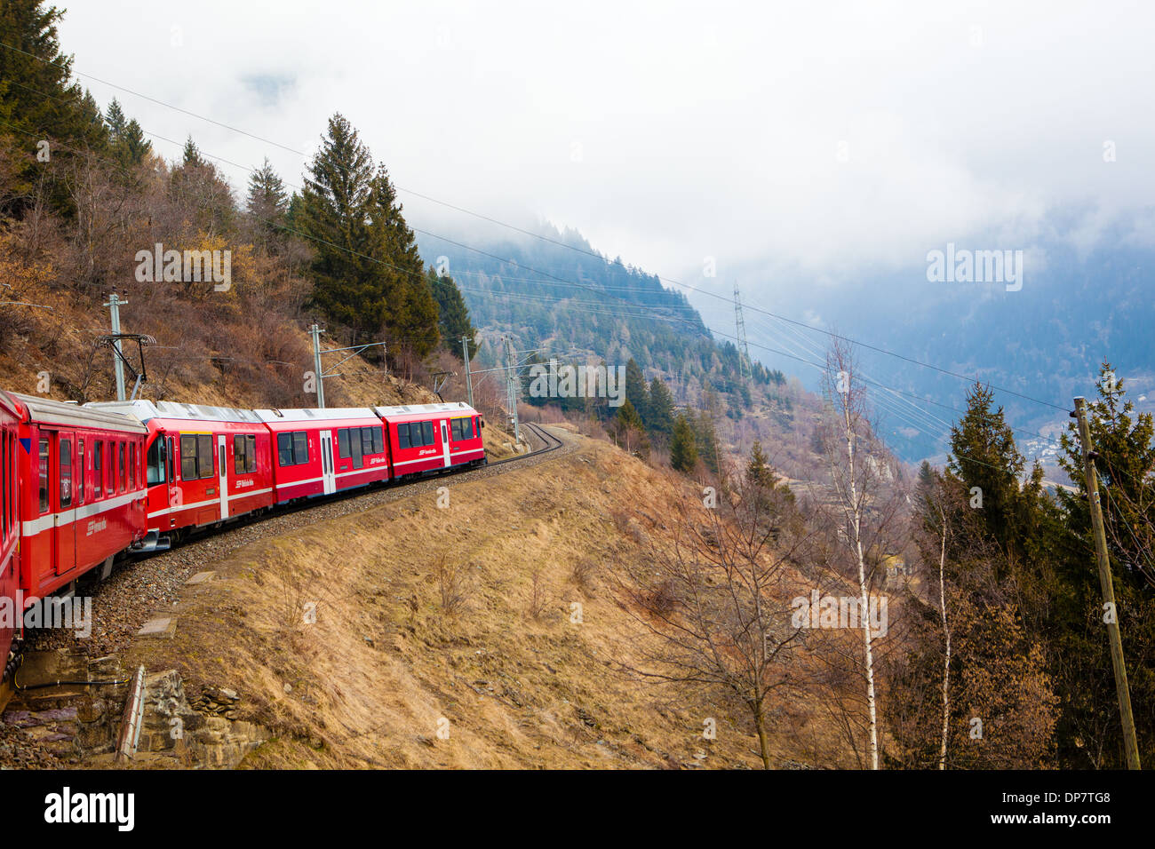 Bernina Express, traveling from Lugano to St. Moritz, near Bernina Pass, Switzerland, Europe