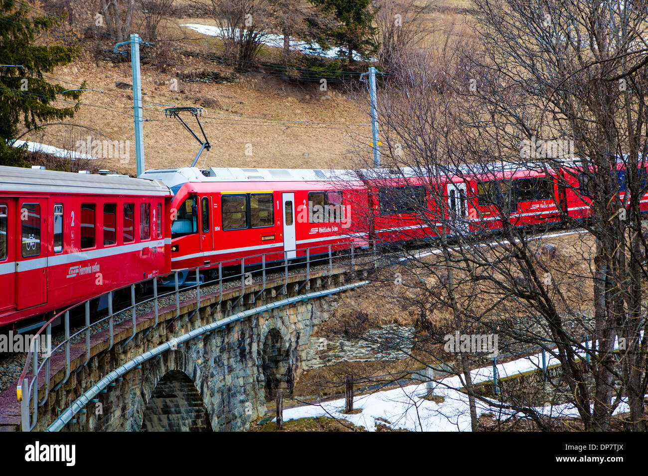 Bernina Express, traveling from Lugano to St. Moritz, near Bernina Pass, Switzerland, Europe