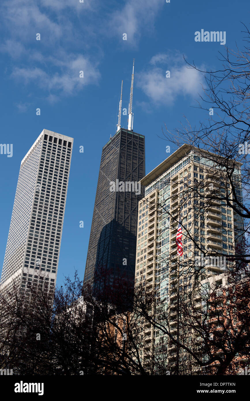 Hancock and other buildings in downtown Chicago in winter. Stock Photo