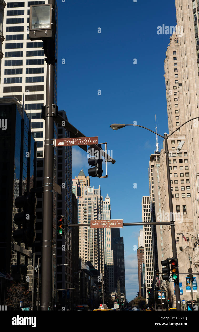 View down and along Michigan Avenue, The Magnificent Mile, looking upward away from traffic and people. Stock Photo