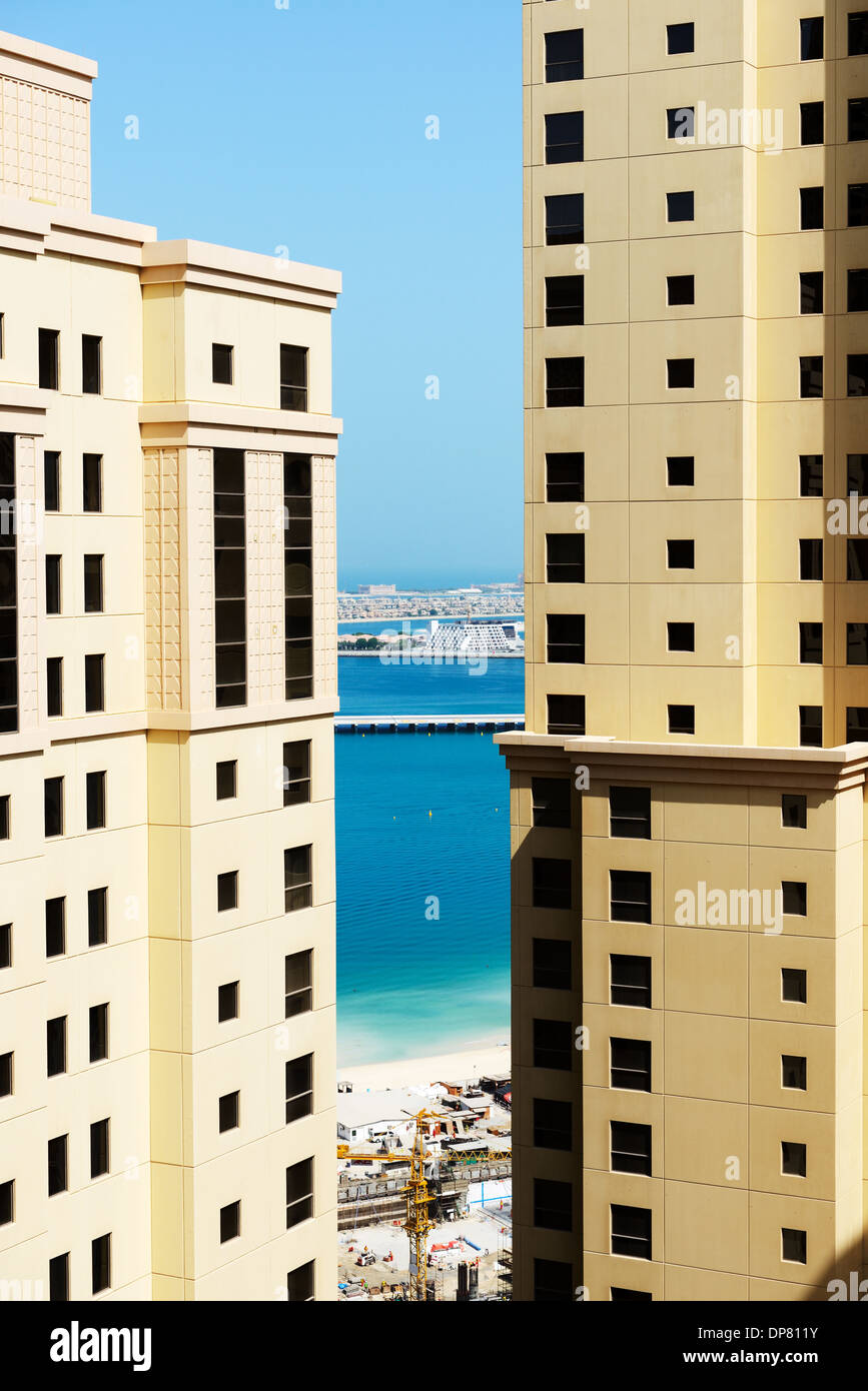 The view from skyscraper on buildings and Palm Jumeirah, Dubai, UAE Stock Photo