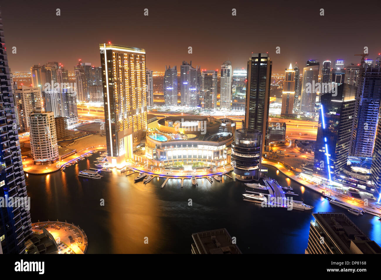 The night illumination of Dubai Marina, Dubai, UAE Stock Photo