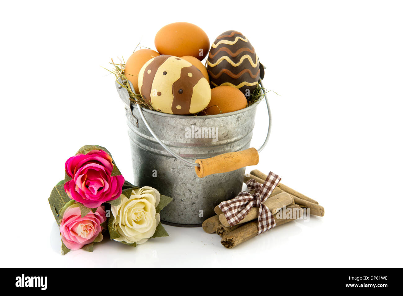Sink bucket with brown easter eggs Stock Photo