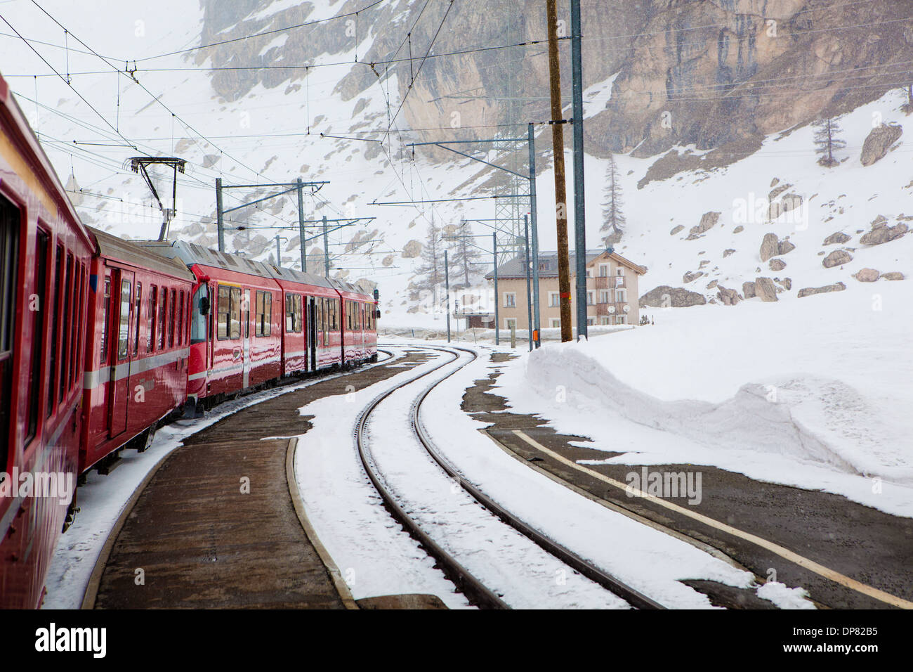 Bernina Express, traveling from Lugano to St. Moritz, near Bernina Pass