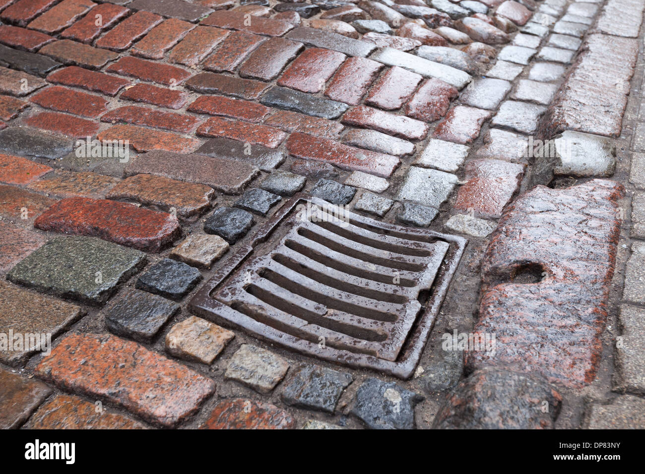 Wet drainage cover on stone pavement of urban road Stock Photo