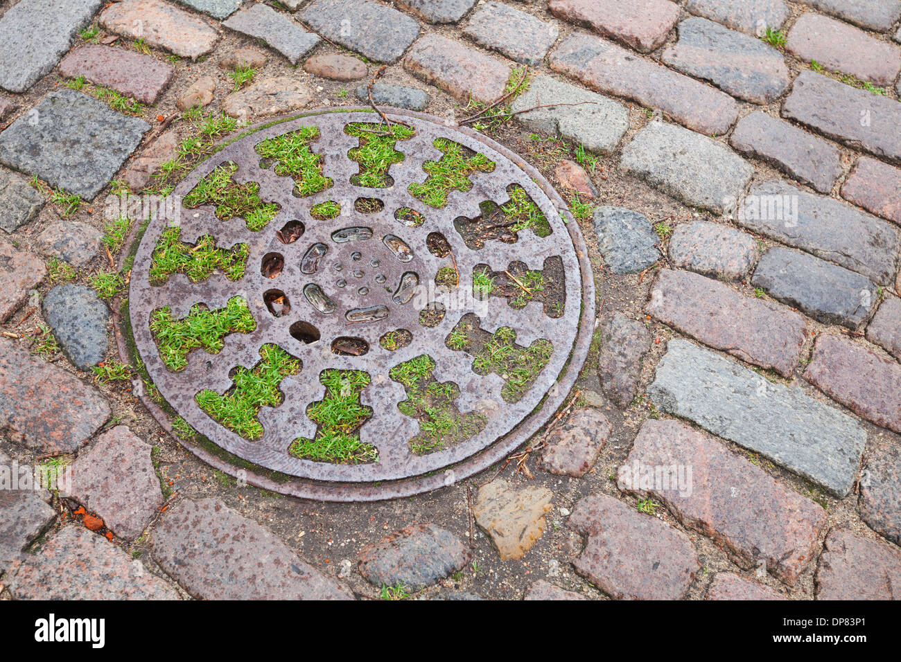 Round sewer manhole on stone pavement with green grass inside Stock Photo