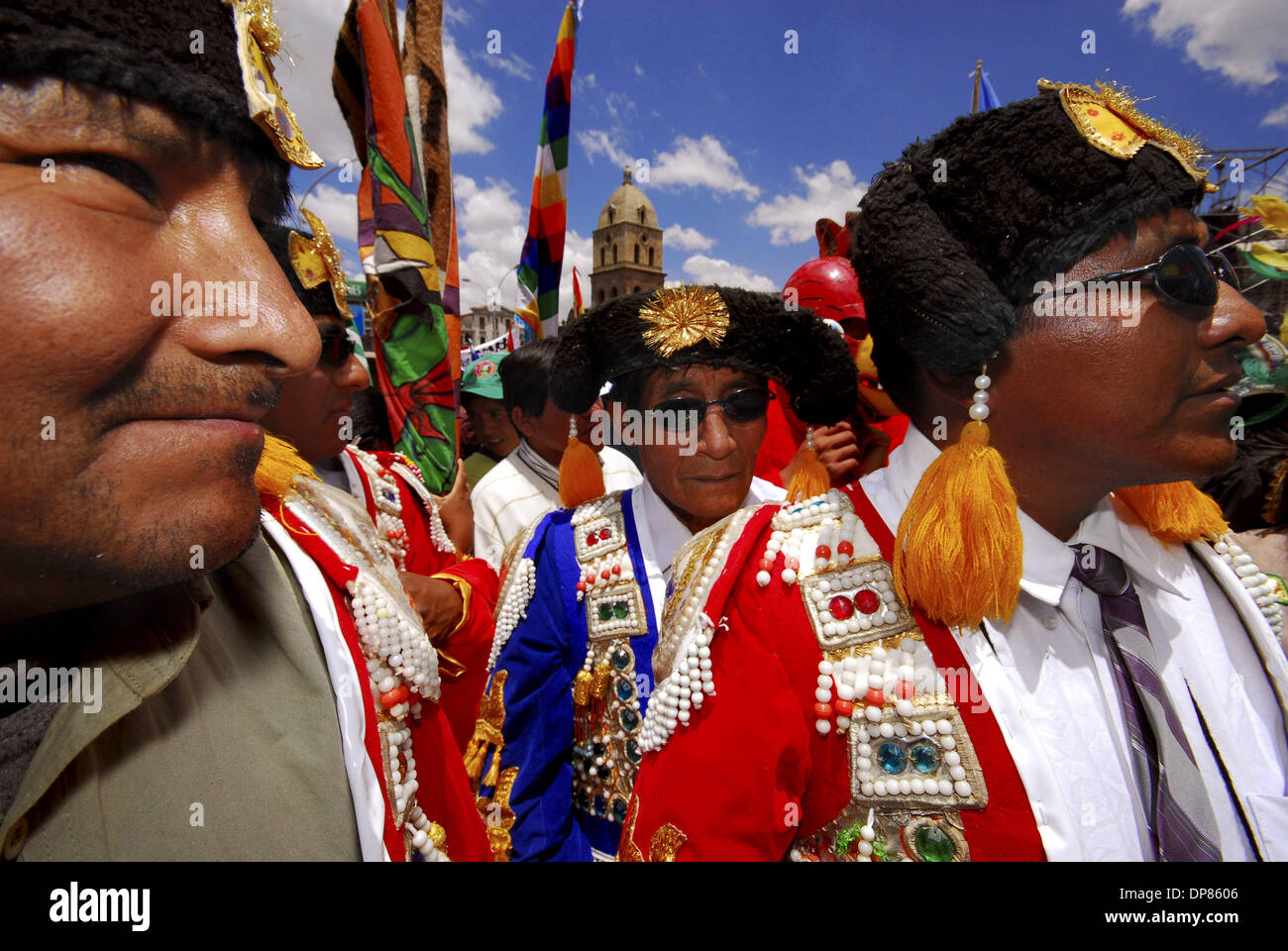 Oct 12, 2006 - La Paz, Bolivia - Militants of the MAS (Movement Towards Socialism) Evo's political party, clothed as Spanish 'torreadores' during a ceremony to comemorate the 514th anniversary of Spanish Invasion to the South American continent and indigenous resistance. The MAS are responding to social movements' calls for 'nationalization' and 'social control,' which has resulted Stock Photo