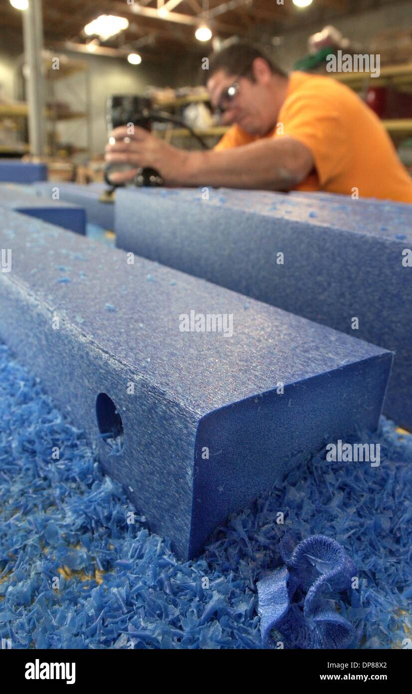 (Published 7/4/2004, N-4, UTS1817687) Plastic shavings built up at the end of an RPL board (recycled plastic lumber) being worked on with a router by employee CHARLES HAYES. Hayes is rounding off the boards' sharp edges that are to be used for playground equipment decking. The shavings are collected and recycled.  U/T photo CHARLIE NEUMAN Stock Photo