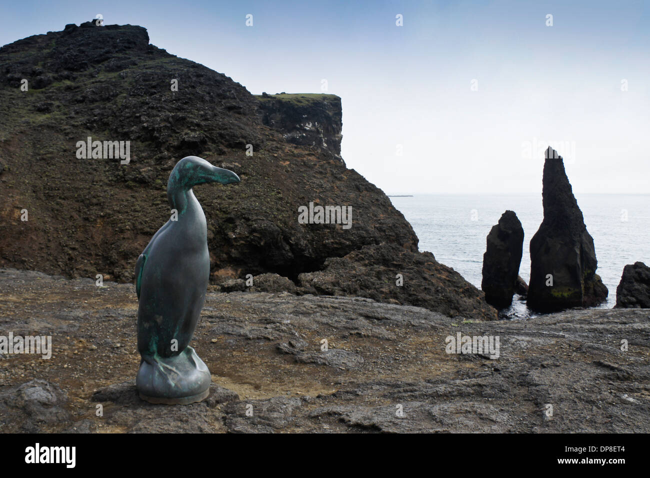 Great Auk sculpture at Valahnukur cliffs, Reykjanesviti, Reykjanes Peninsula, Iceland Stock Photo