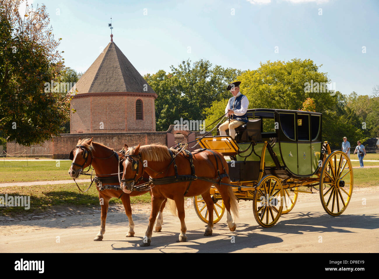 Colonial Williamsburg horse drawn carriage recreates 18th century transportation in town Stock Photo