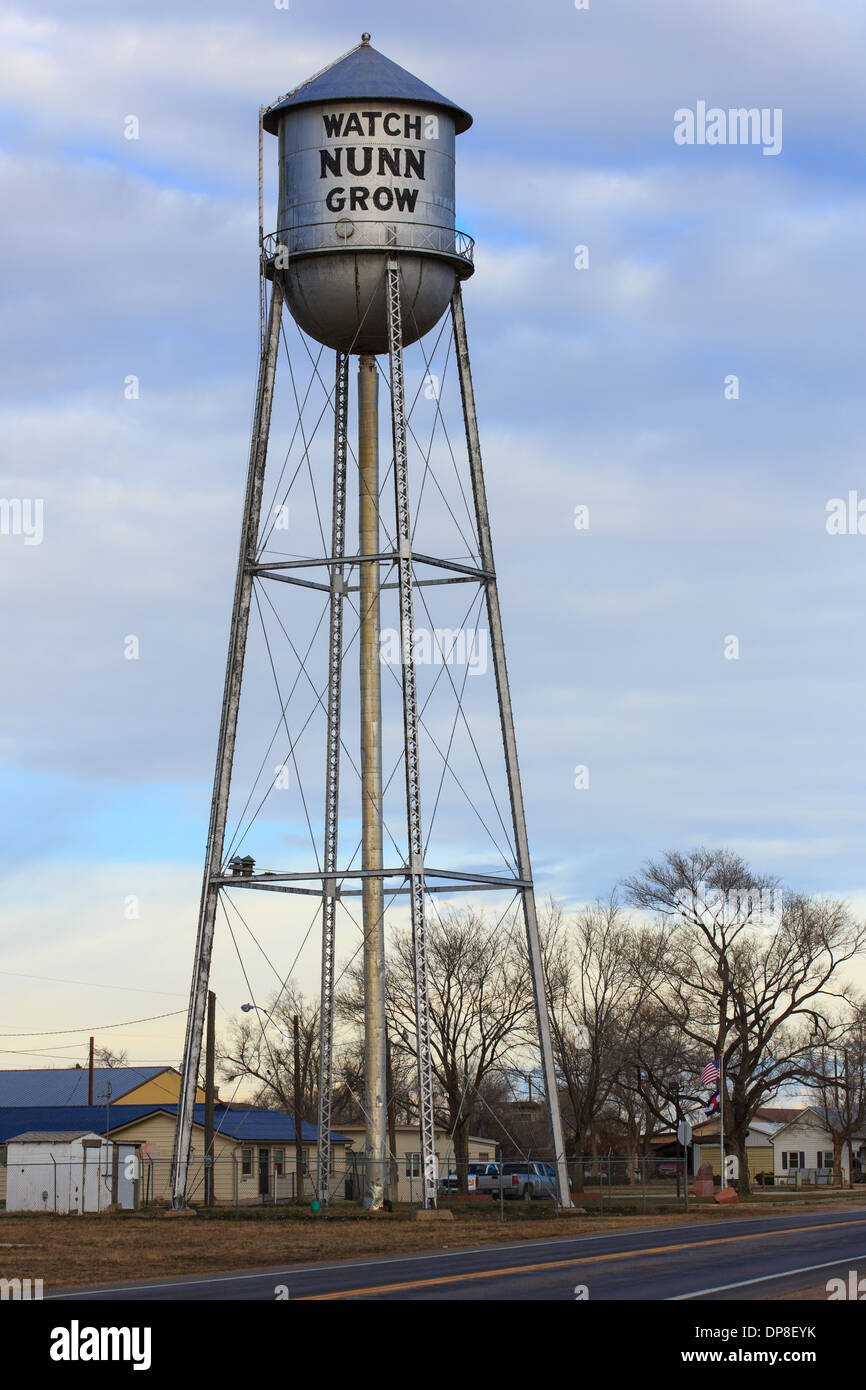 A water tower in Nunn, Colorado declares the town’s desire to grow. Stock Photo