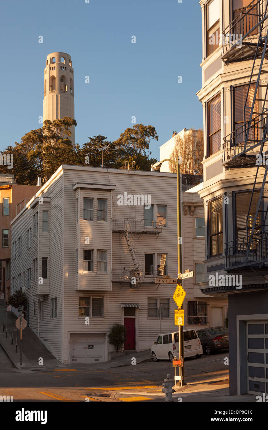 The Coit Tower on Telegraph Hill,view from the Corner of Union and Kearny Street,San Francisco,California,USA Stock Photo