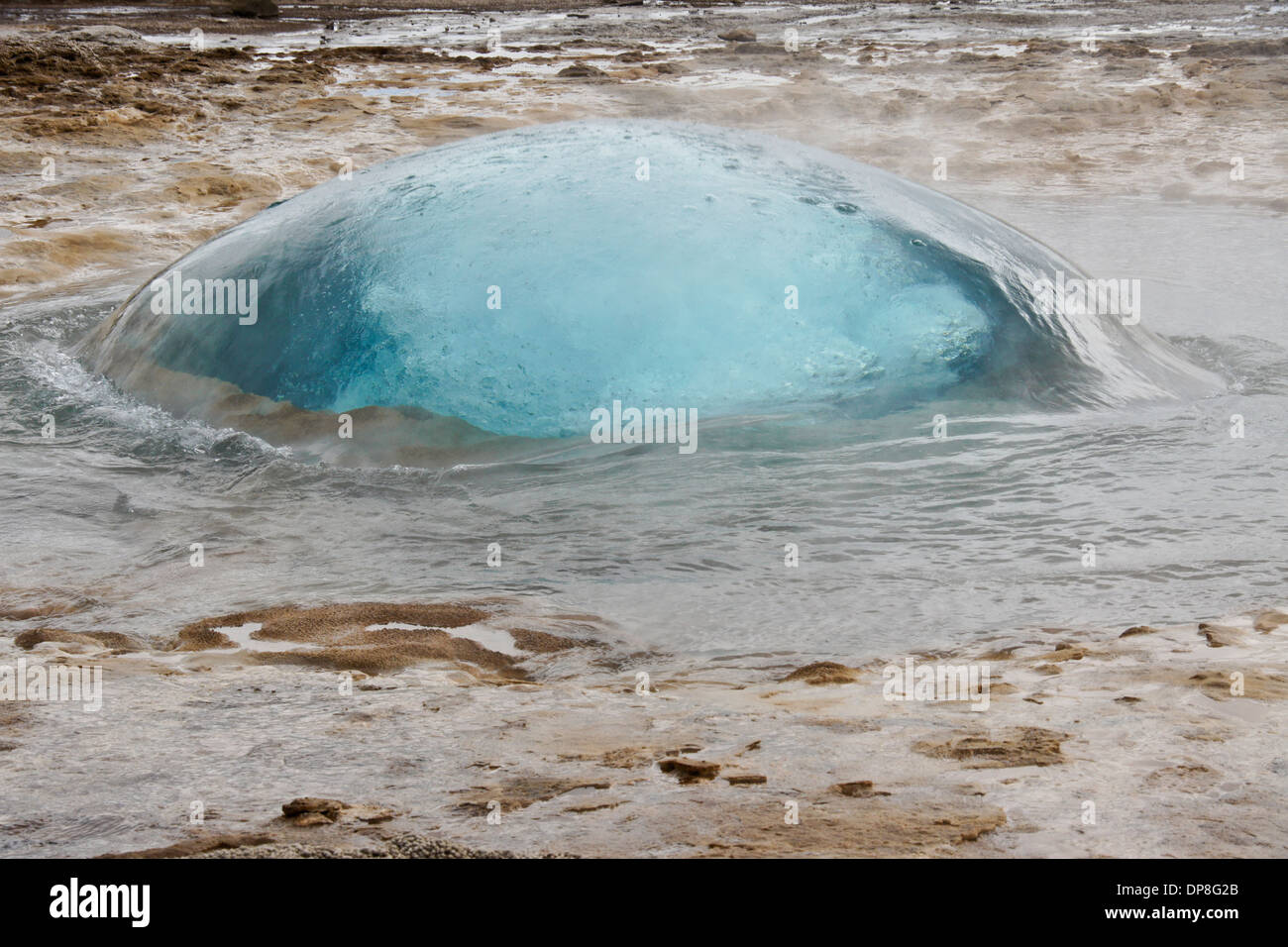 Strokkur Geyser forming bubble before erupting, Geysir, Iceland Stock Photo