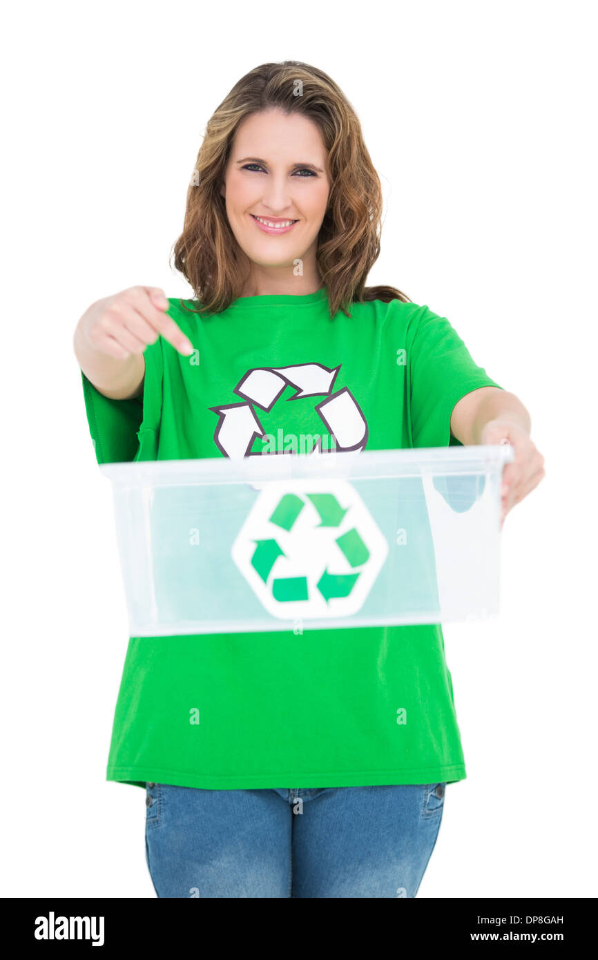 Woman holding recycling bin Stock Photo Alamy
