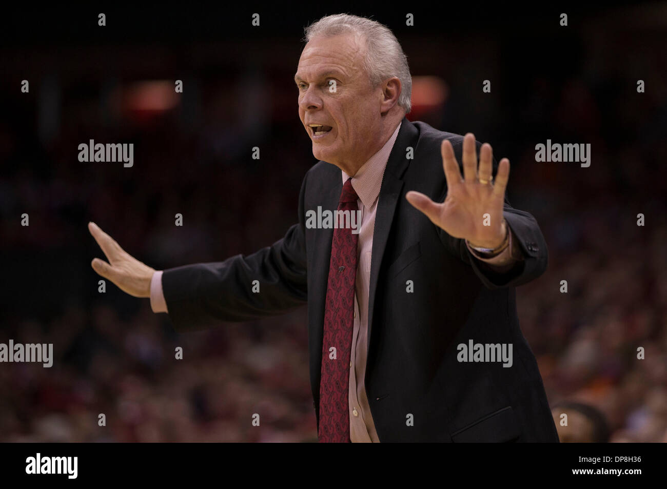 Madison, Wisconsin, USA. 8th Jan, 2014. January 8, 2014: Wisconsin Head Coach Bo Ryan reacts to a call during the NCAA Basketball game between the Illinois Fighting Illini and the Wisconsin Badgers at the Kohl Center in Madison, WI. With the win Wisconsin is now 16-0 and off to the best start in school history. The 4th ranked Badgers defeated the 23rd ranked Fighting Illini 95-70. John Fisher/CSM/Alamy Live News Stock Photo