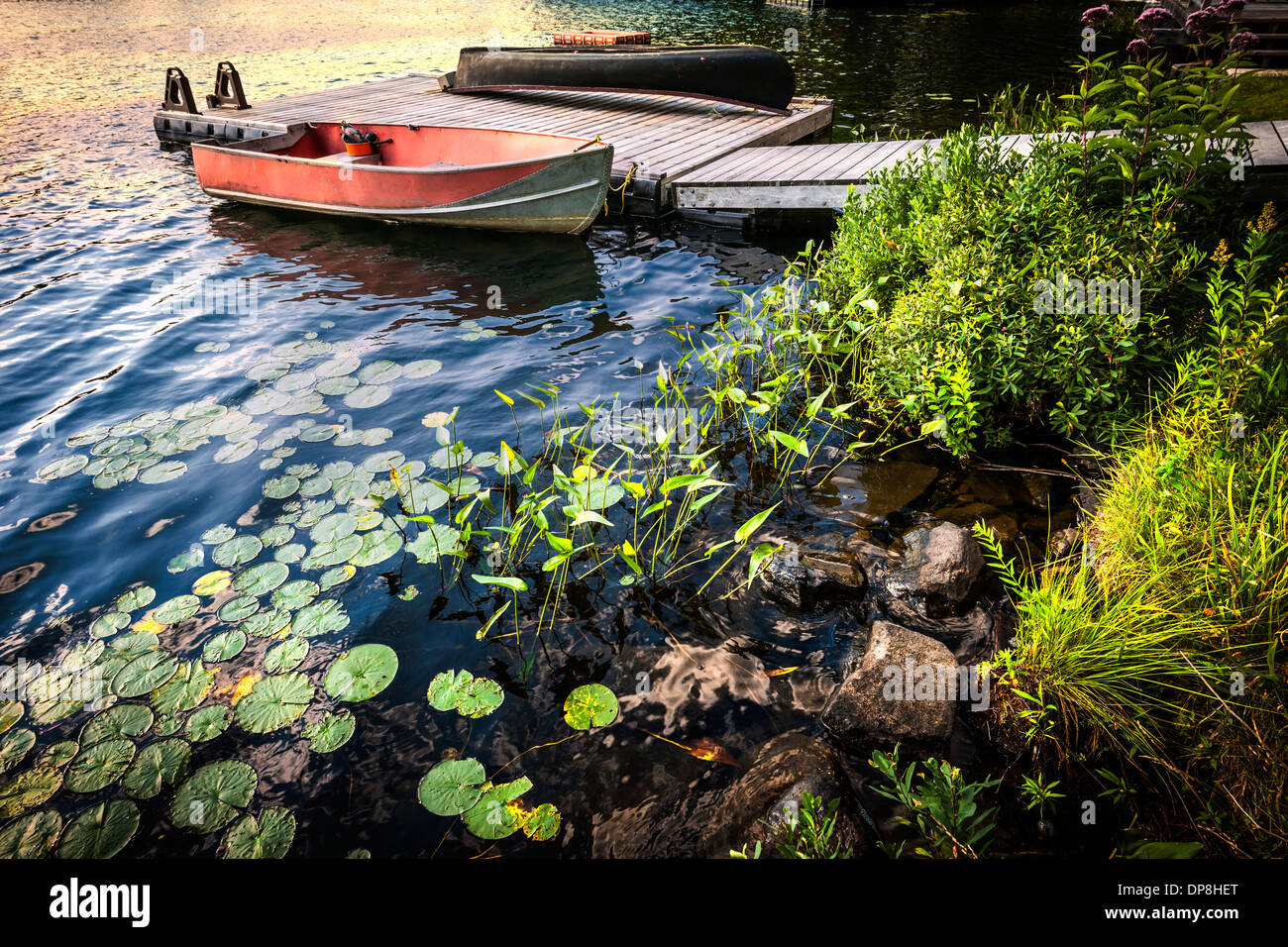Rowboat tied to dock on beautiful lake at rocky shore with aquatic