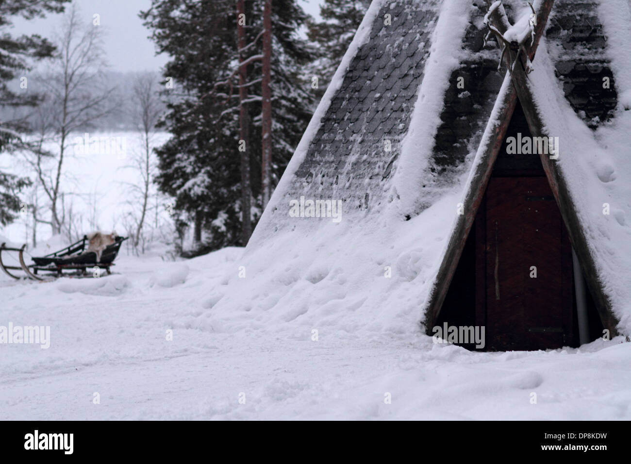 sleigh and tent in the winter with snow Stock Photo