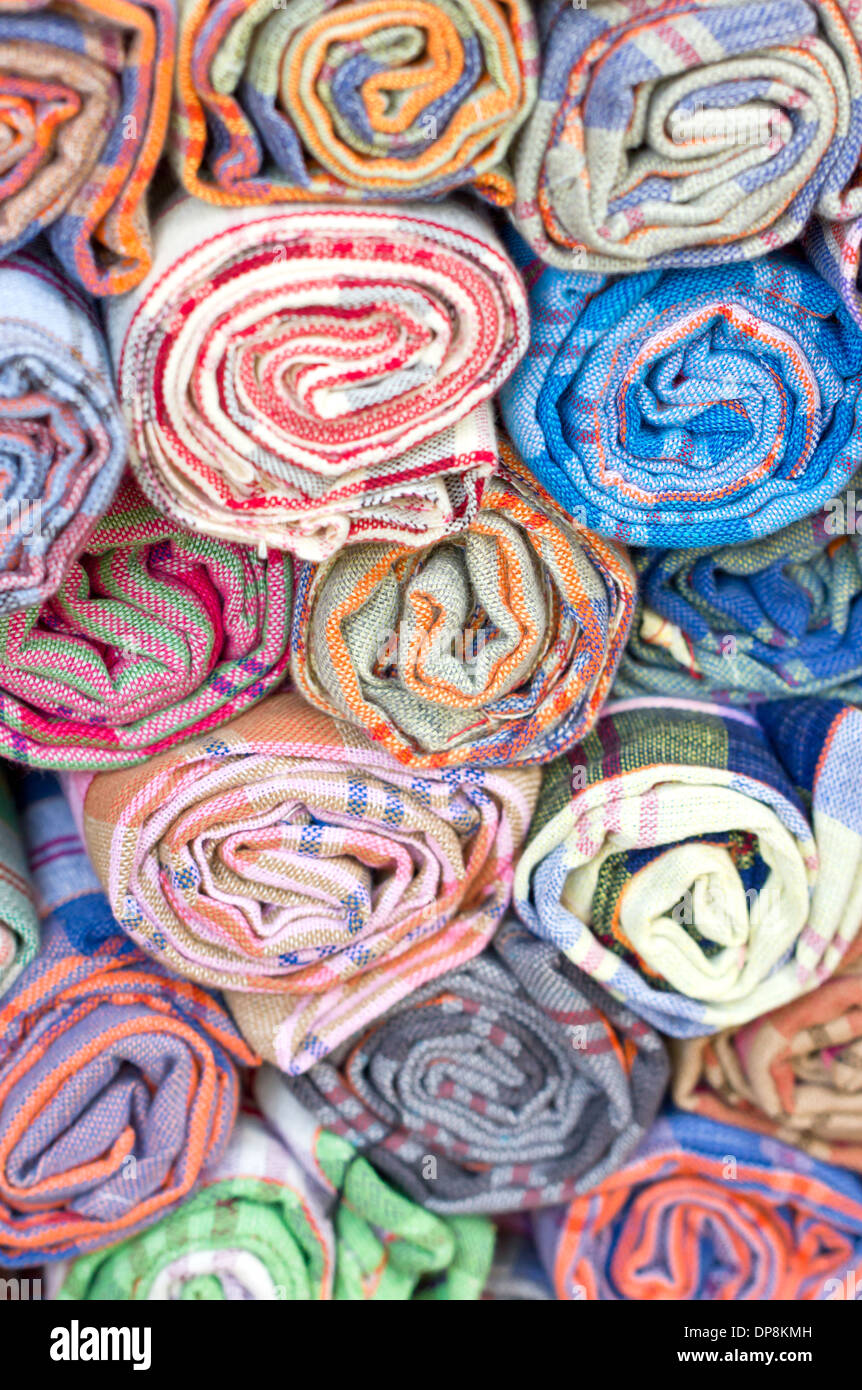 Rolls of colorful fabric. Stock Photo