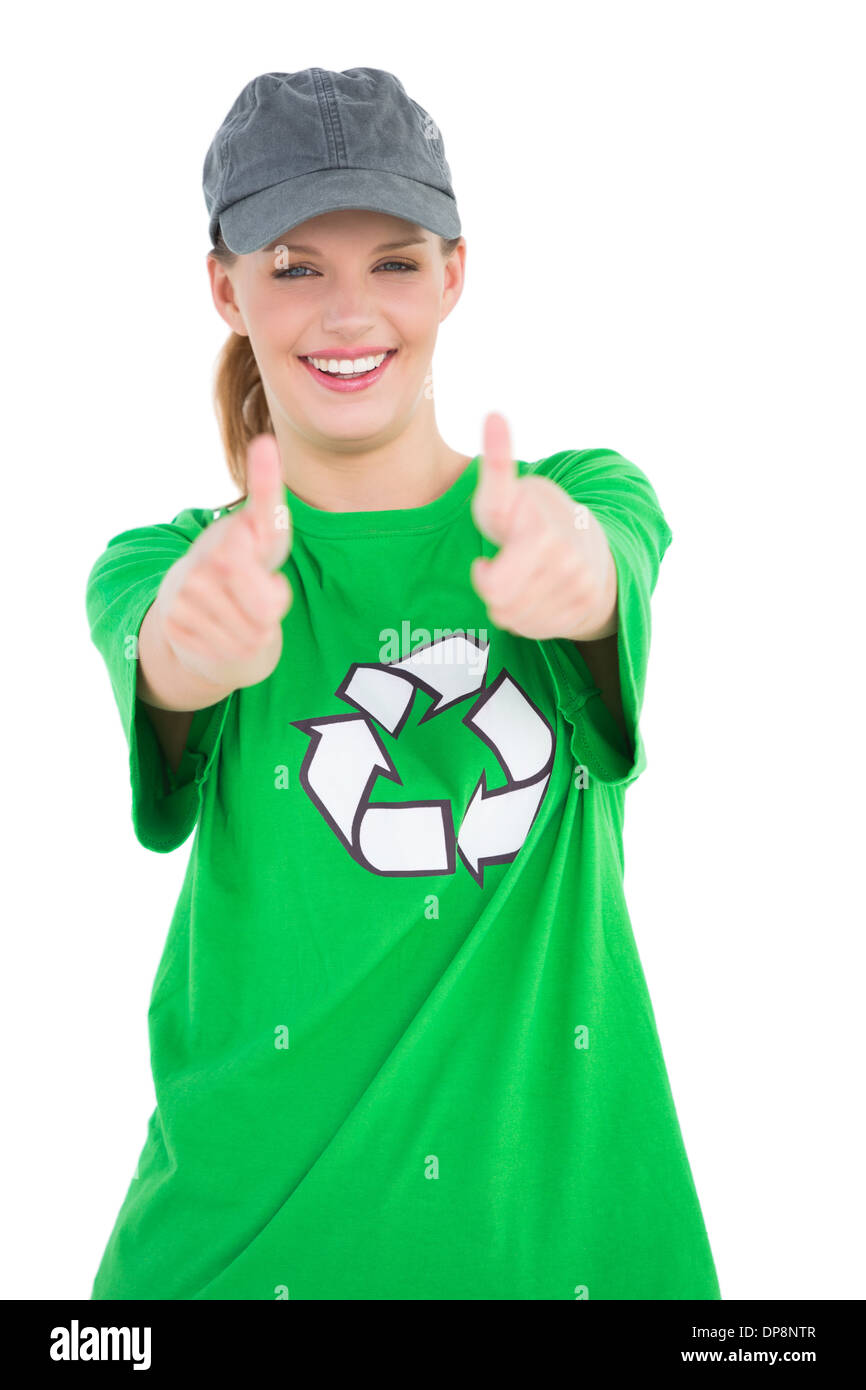 Happy pretty environmental activist making thumbs up Stock Photo - Alamy