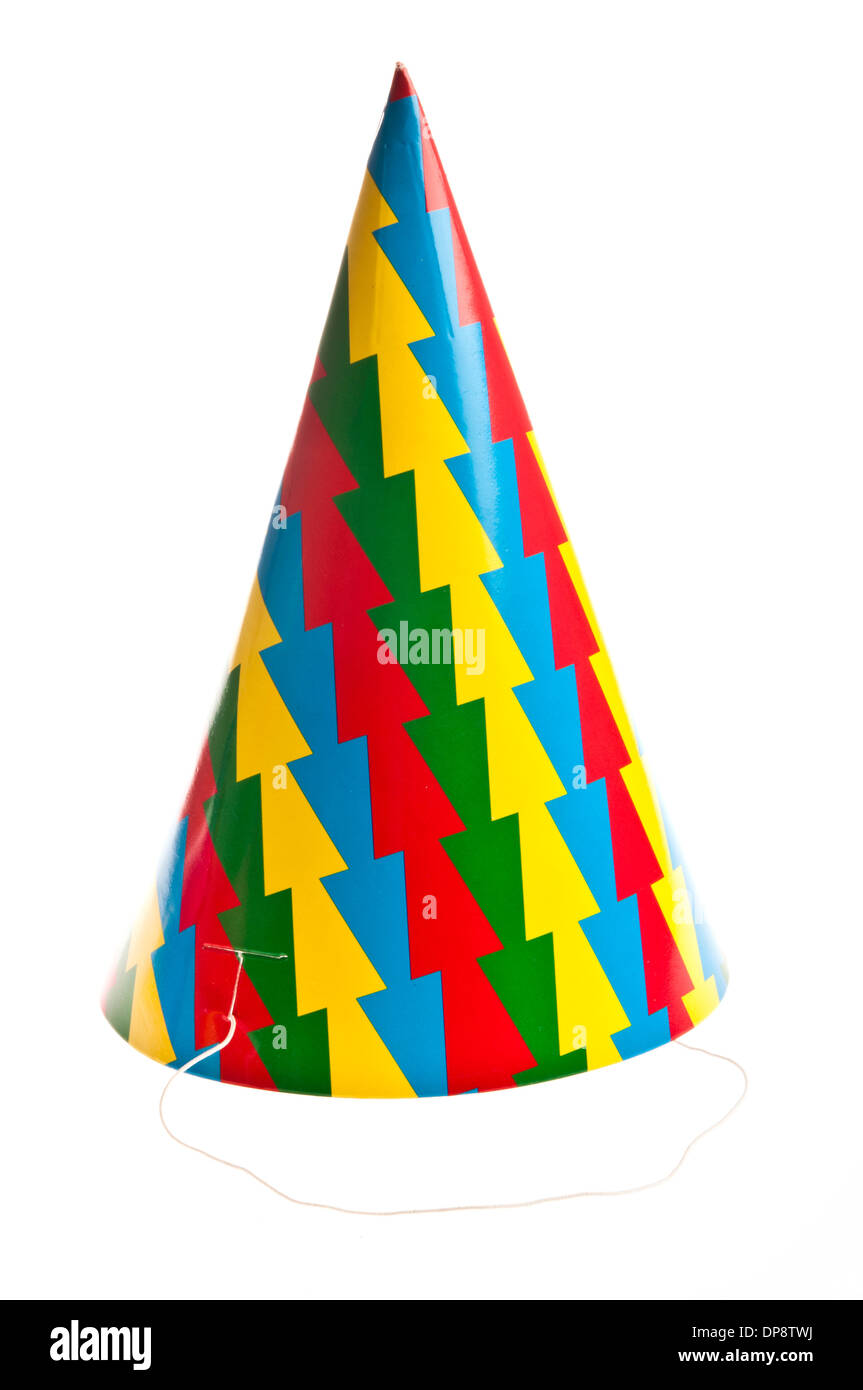 Cone Shaped Birthday Party Hat with Stripes and Ribbons Stock