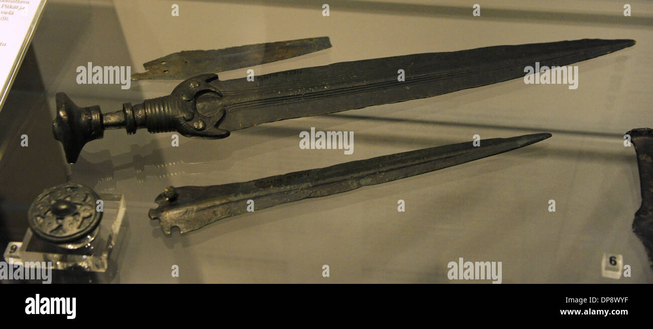 Prehistory. Bronze Age. bronze weapons, found in Finland. National Museum of Finland. Helsinki. Stock Photo