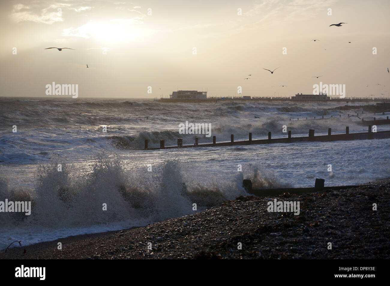 High tides and strong winds lash the South Coast at Worthing, West Sussex Stock Photo