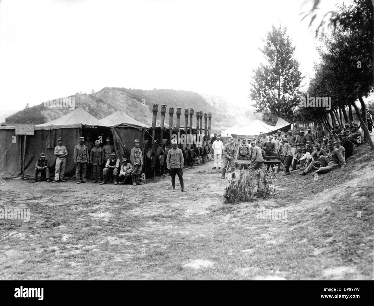 Soldiers of the Austrian-Hungarian army in front of a mobile bakery during a stop in Russia (undated). The deadly shots by Serbian nationalists on the Austrian heir to the throne Franz Ferdinand on the 28th of June in 1914 in Sarajevo caused the outbreak of the Great War, later to be called World War I, in August 1914. The Central Powers, namely Germany, Austria-Hungary and as well later the Ottoman Empire (Turkey) and Bulgaria against the Triple Entente, consisting of Great Britain, France and Russia, as well as numerous allies. The sad result of World War I, which ended with the defeat of Stock Photo